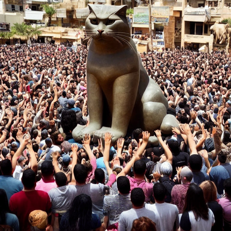 Urban square with crowd facing giant seated cat statue