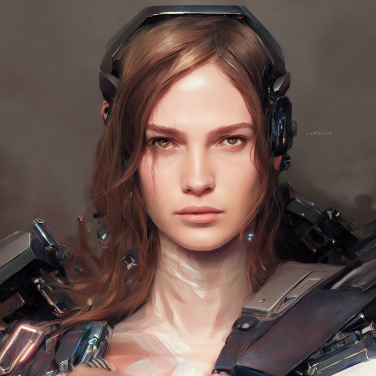 Futuristic digital art portrait of woman with mechanical parts