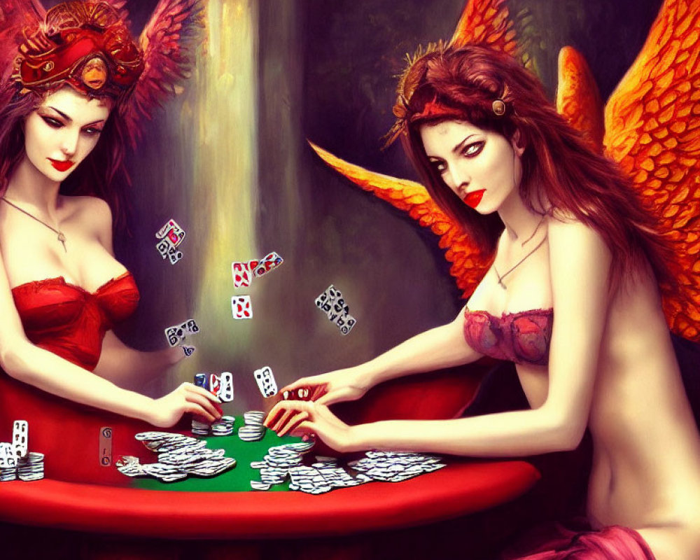 Fantasy women with wings playing poker in vibrant attire