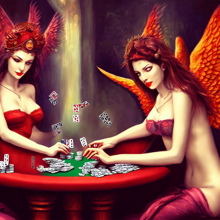 Fantasy women with wings playing poker in vibrant attire