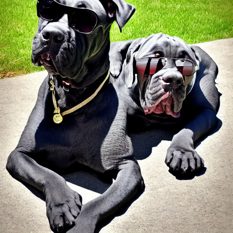 Neapolitan Mastiffs with sunglasses and gold chain on concrete surface