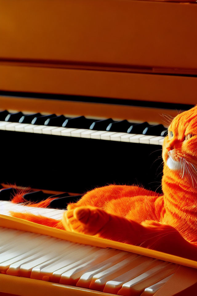 Orange Cat Resting on Piano Keys in Sunlight