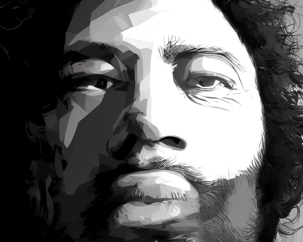 Monochromatic digital portrait of a man with curly hair and beard in high-contrast style