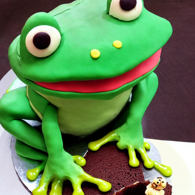 Colorful Frog-Shaped Cake with Green Fondant and Intricate Details