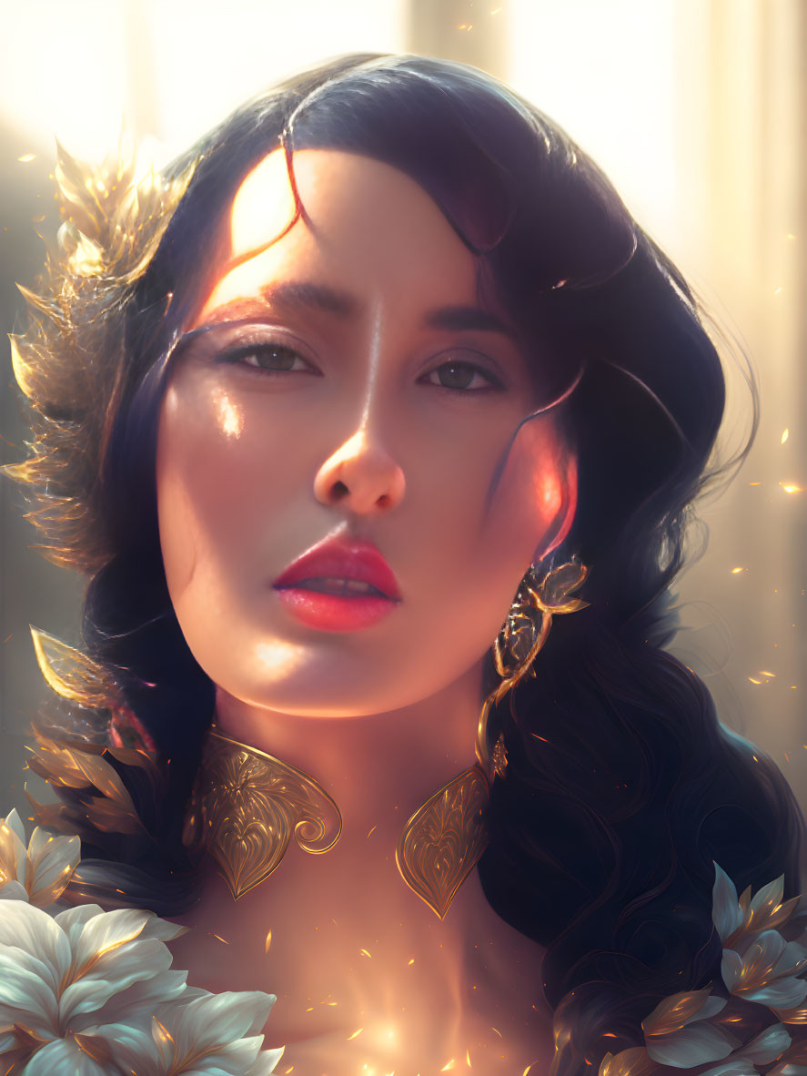 Dark-haired woman in golden accessories, surrounded by soft light and floral elements