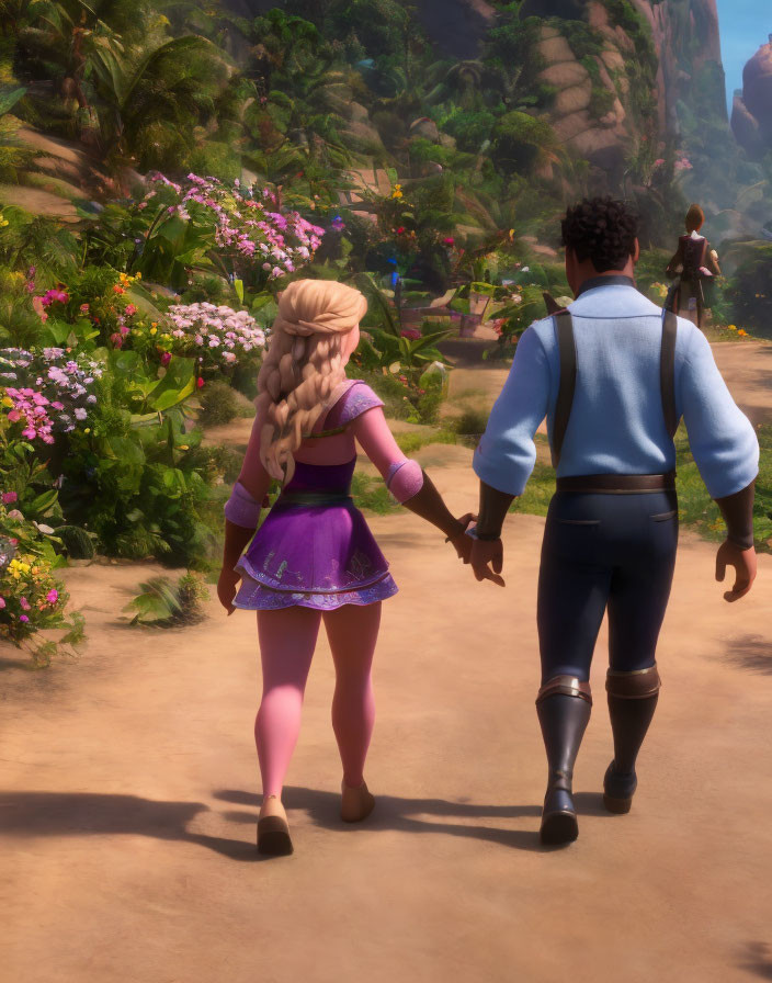 Animated characters holding hands on flower-lined path with rocky landscape.