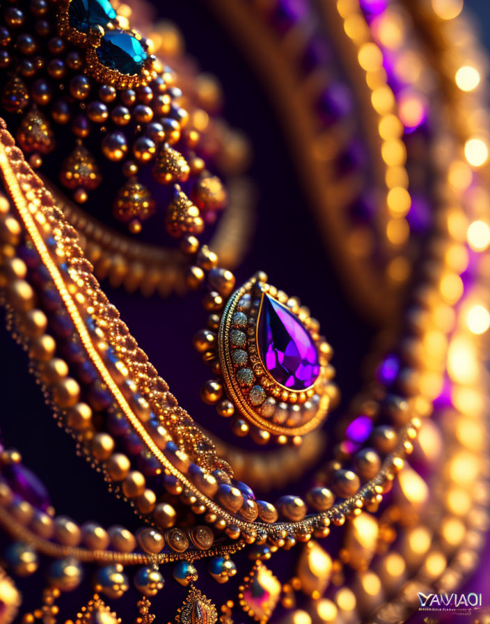 Golden Jewelry with Purple Gemstones and Delicate Beading on Dark Bokeh Background