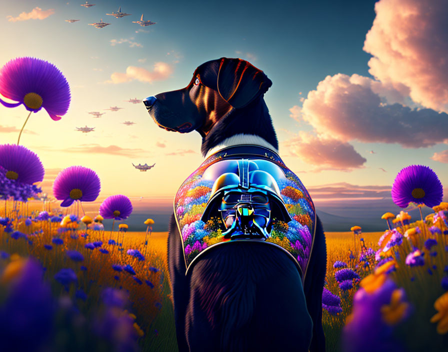 Silhouette of Dog with Transparent Space Scene and Sunset Sky