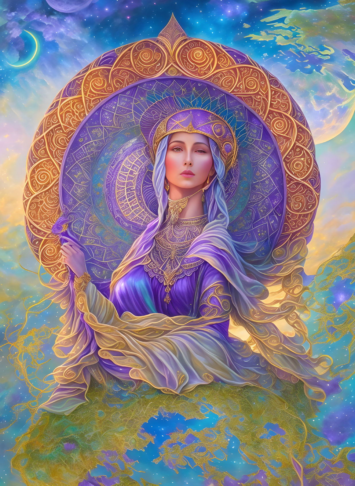 Mystical woman in purple robe with golden headpiece against cosmic backdrop