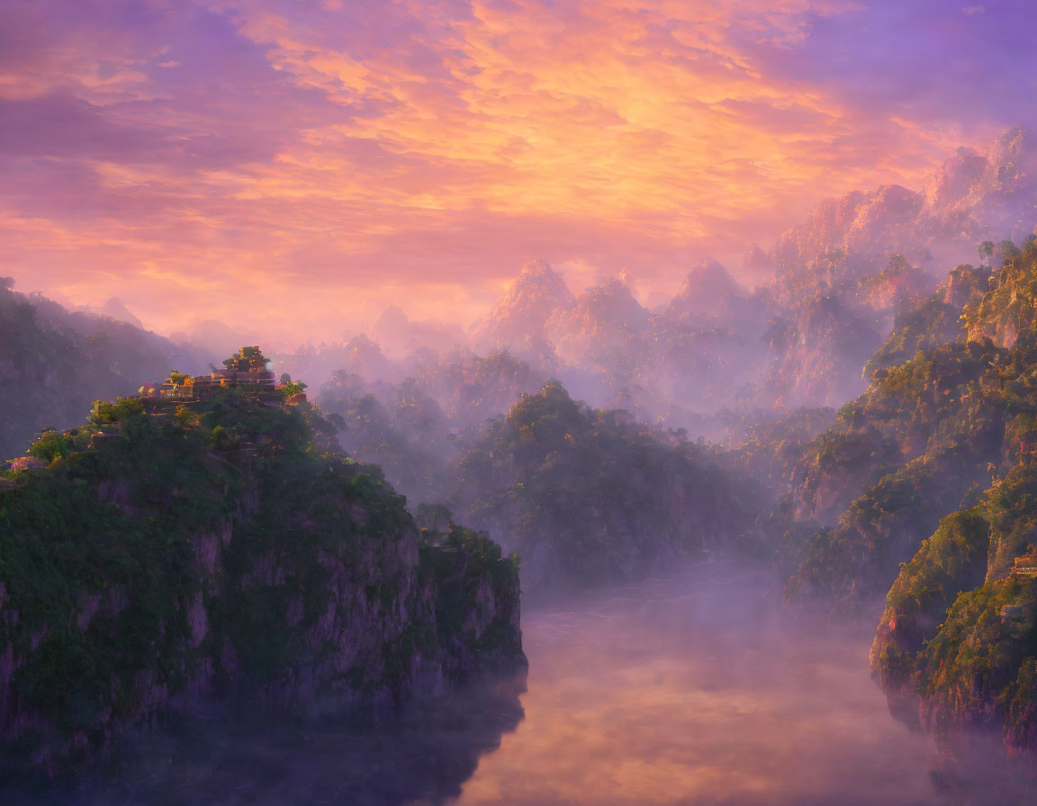 Majestic mountain peaks and temples in misty valley at sunrise