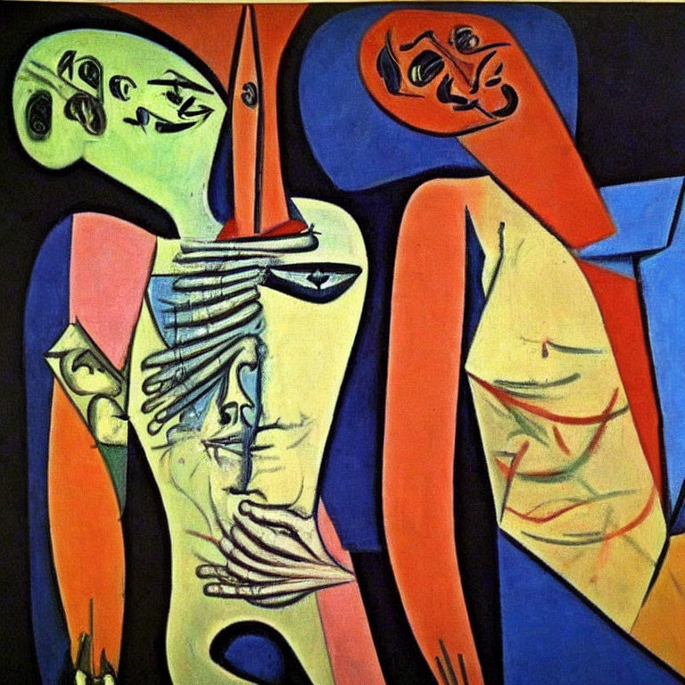 Vibrant abstract painting of distorted human figures in blue, orange, and yellow