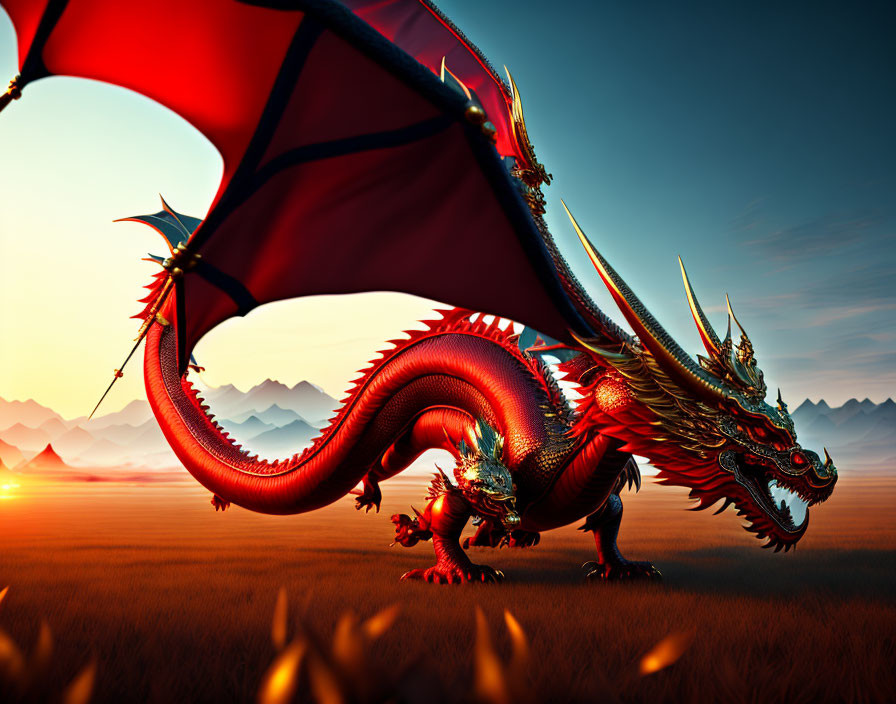 Red dragon with spread wings in sunset-lit field with mountains - fantasy and power