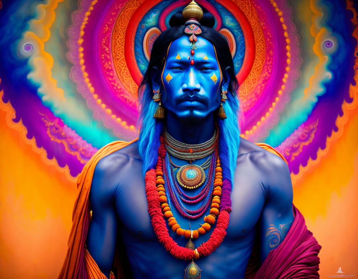 Colorful artwork featuring blue-skinned figure and mandala background