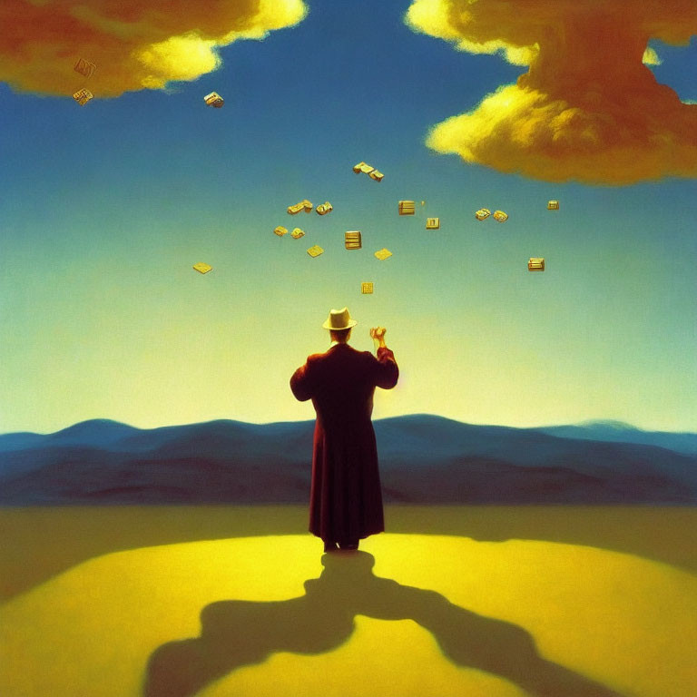 Person in hat and coat gazes at flying books in surreal golden landscape