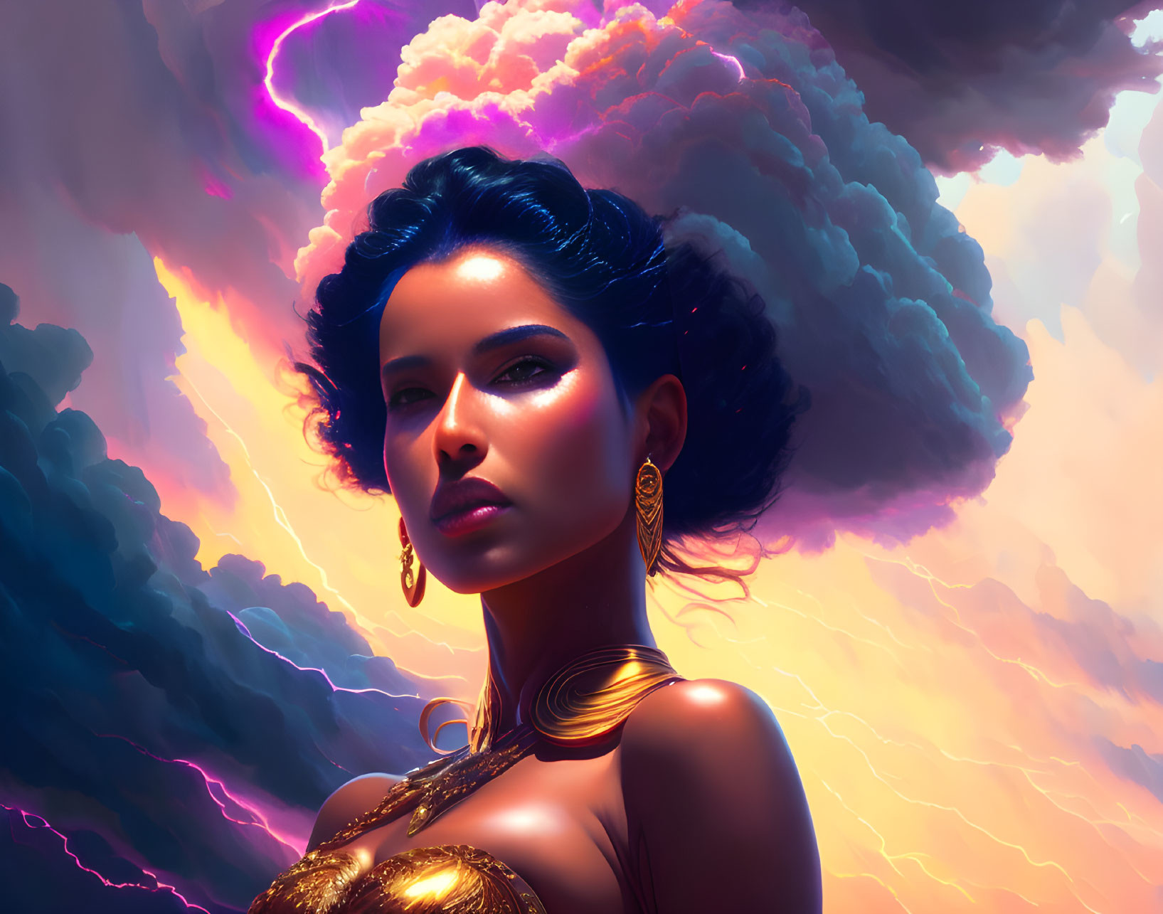 Woman in Golden Attire with Prominent Earrings Against Dramatic Stormy Clouds
