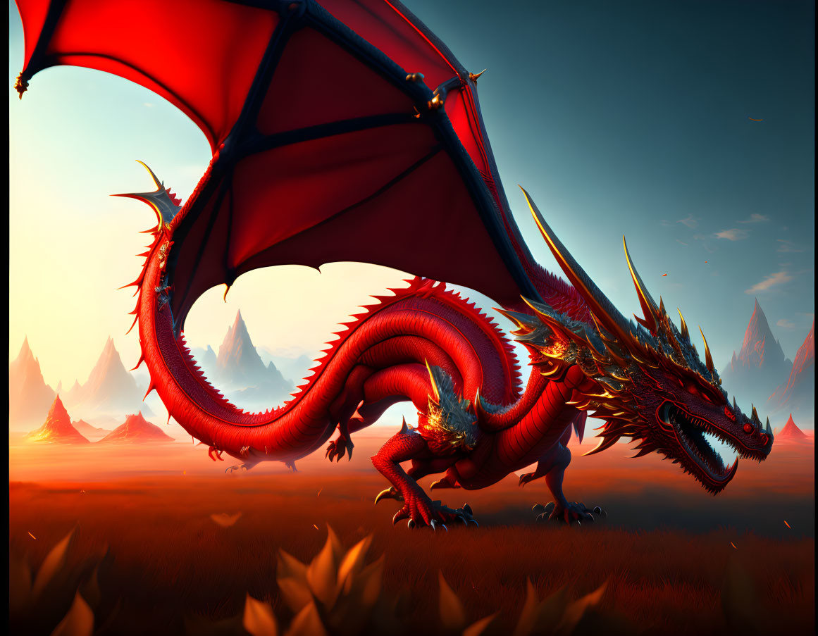 Majestic red dragon in fiery landscape with mountains under sunset sky