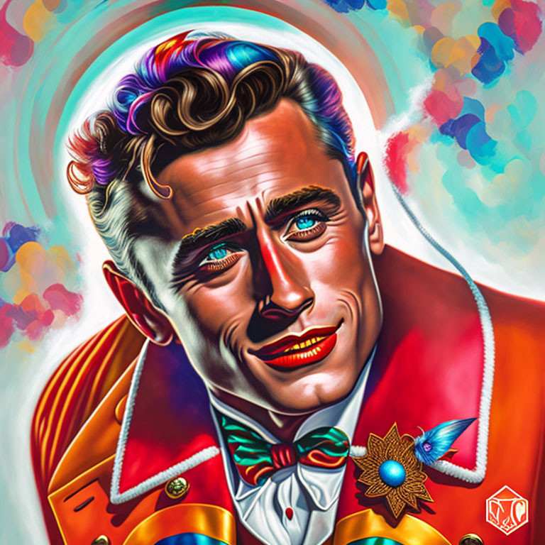 Colorful man illustration with blue eyes and bow tie in halo glow