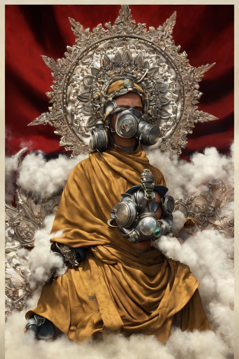 Person in ornate headgear and gas mask sitting cross-legged amidst clouds, draped in gold cloth on