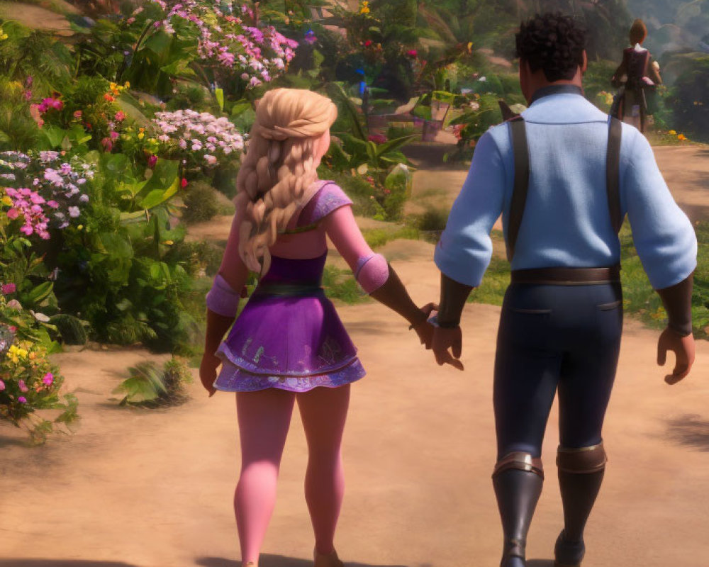 Animated characters holding hands on flower-lined path with rocky landscape.