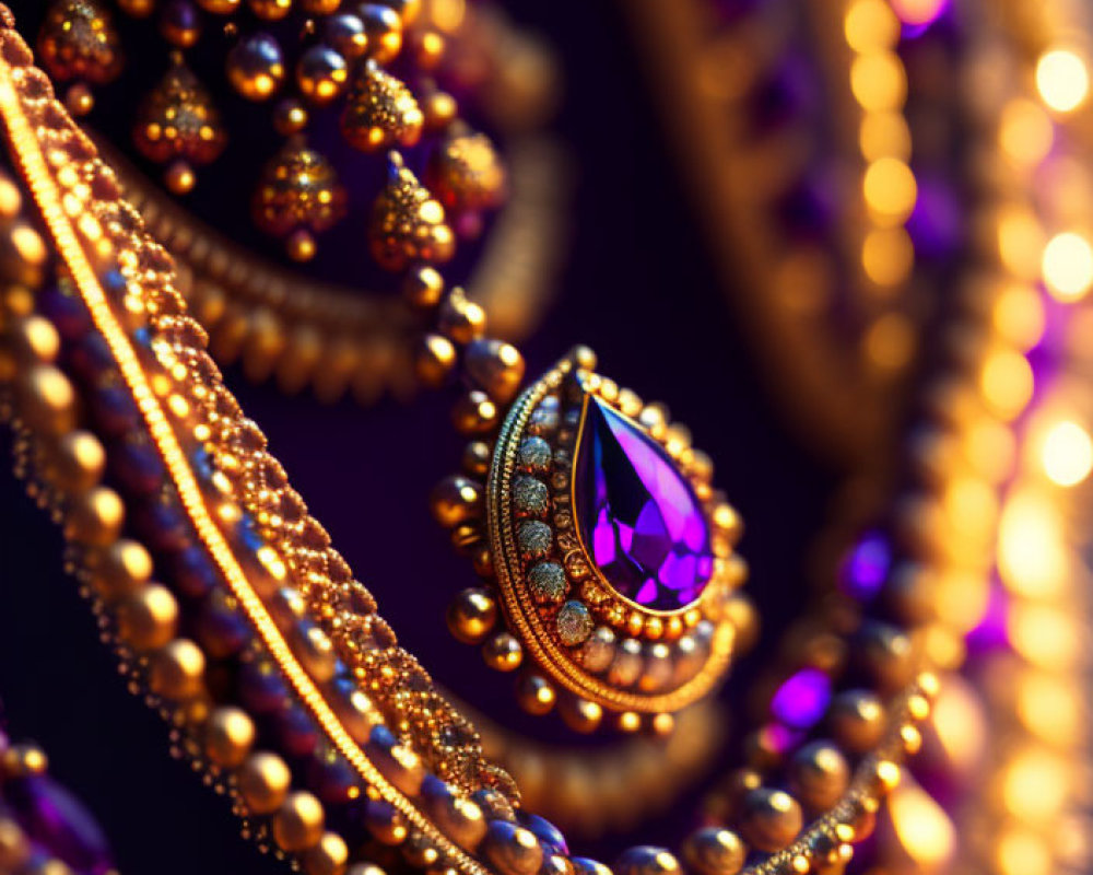 Golden Jewelry with Purple Gemstones and Delicate Beading on Dark Bokeh Background