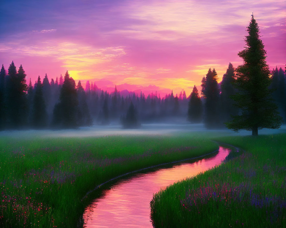 Vivid Purple and Pink Sunrise Over Misty Meadow with River and Silhouetted Pine Trees