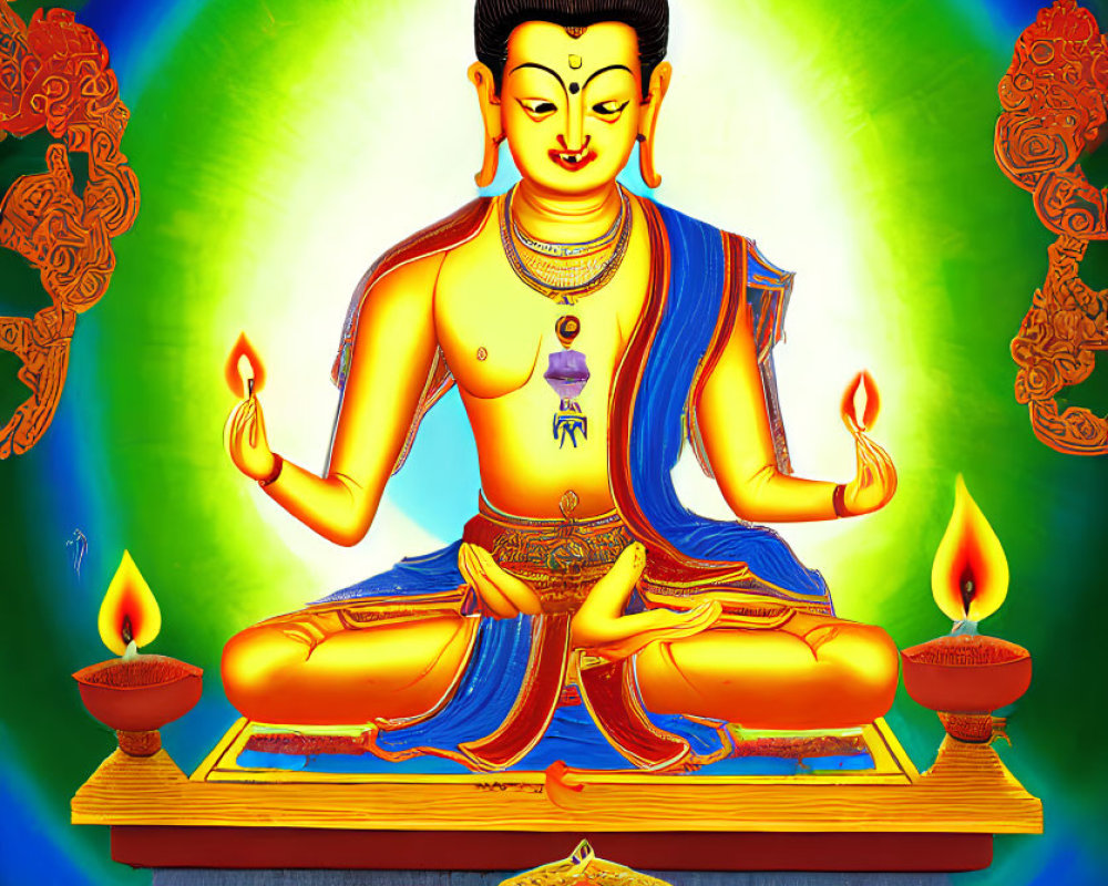 Vibrant meditating Buddha illustration with candles and offerings