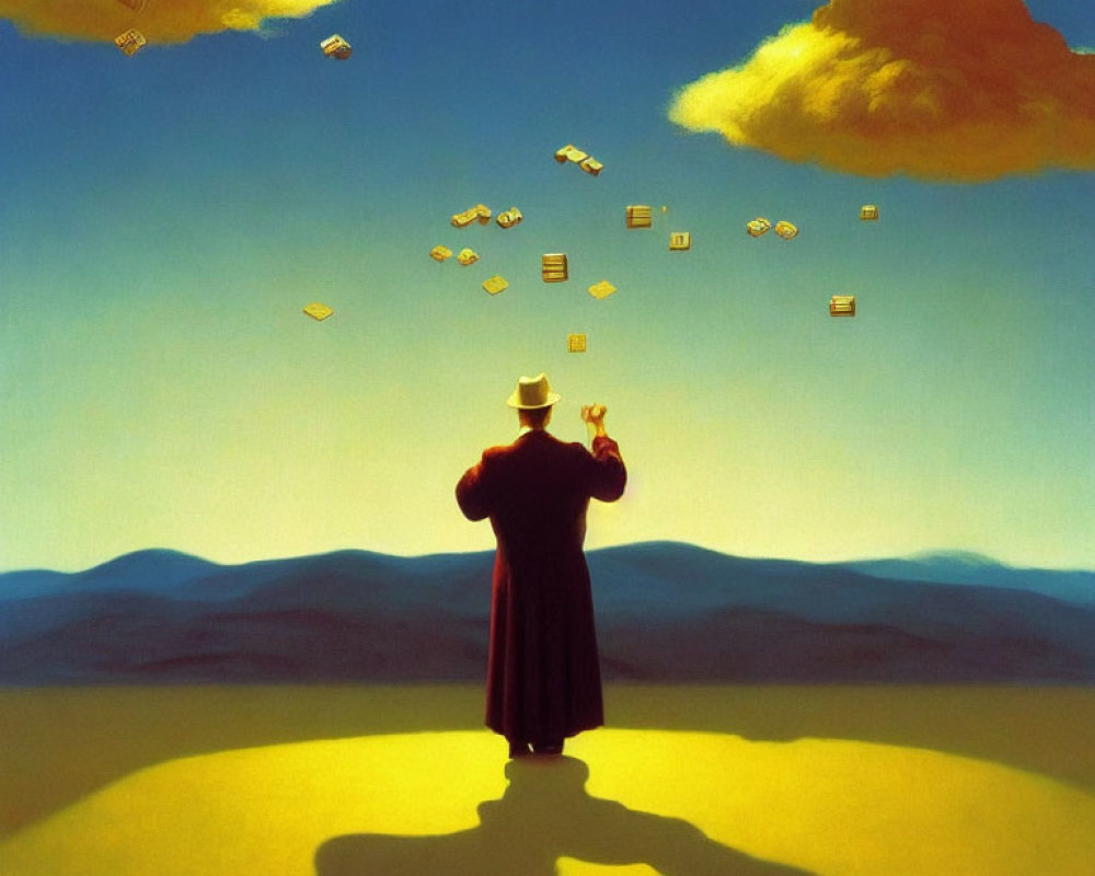 Person in hat and coat gazes at flying books in surreal golden landscape