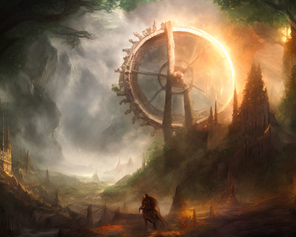 Mystical landscape with giant wheel structure, horse rider, and ancient buildings