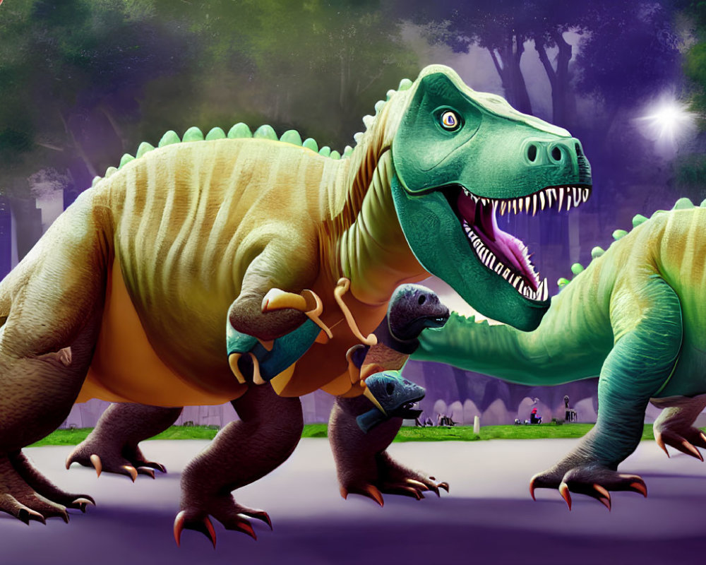 Vibrant prehistoric dinosaur illustration at dusk