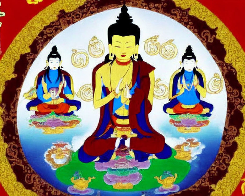 Vibrant Buddhist thangka with central golden-robed figure meditating