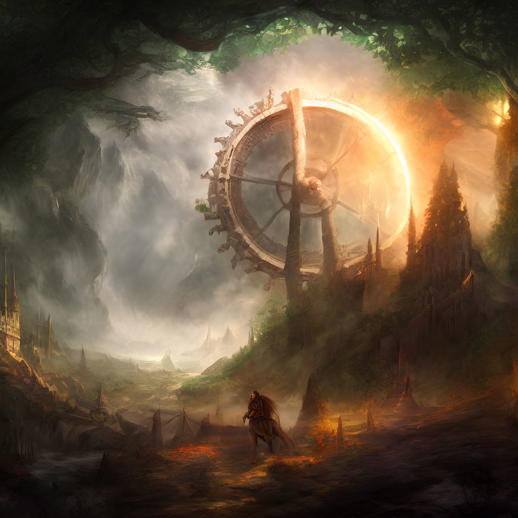 Mystical landscape with giant wheel structure, horse rider, and ancient buildings
