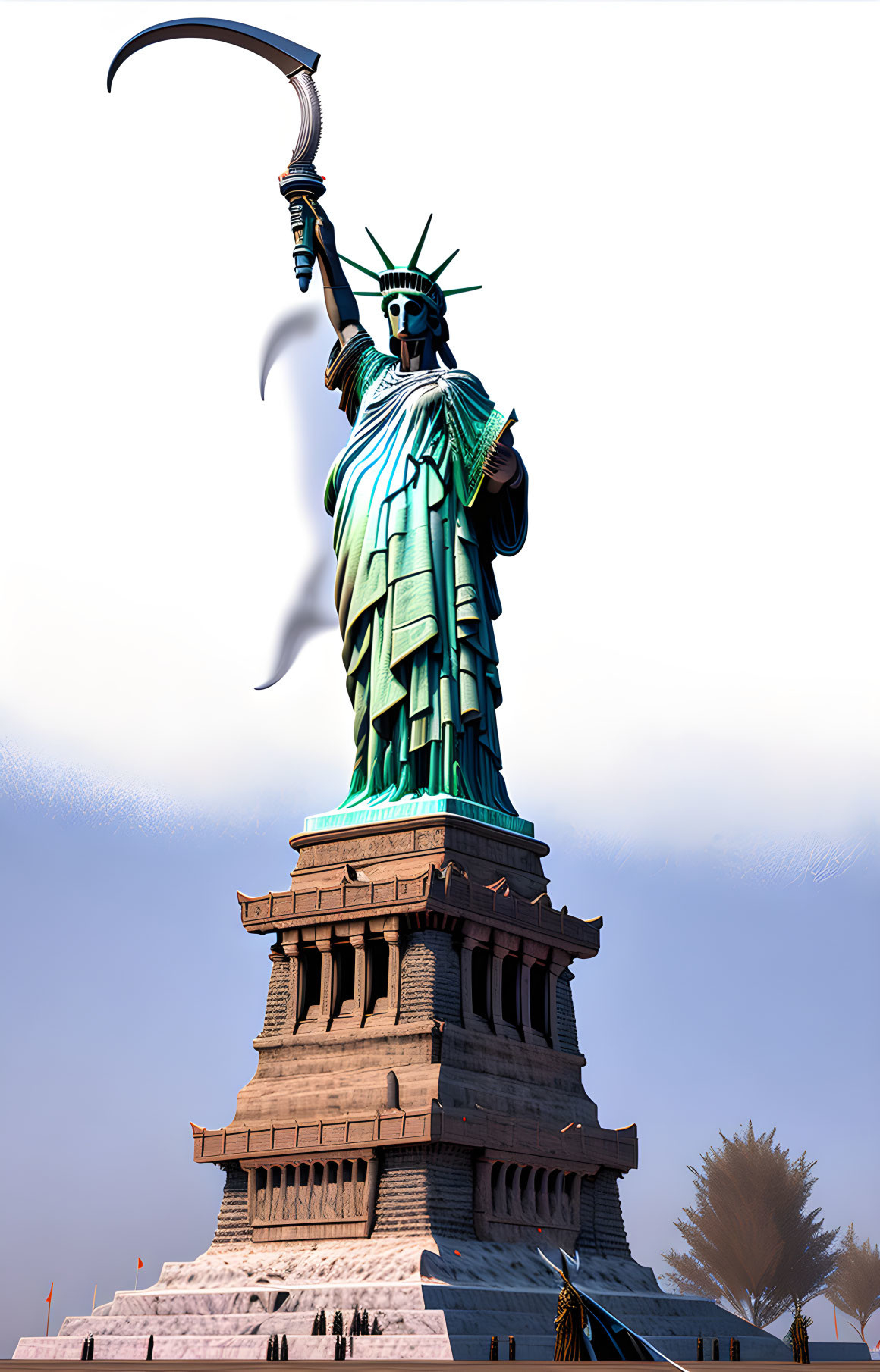 Statue of Liberty with curved blade against blue sky
