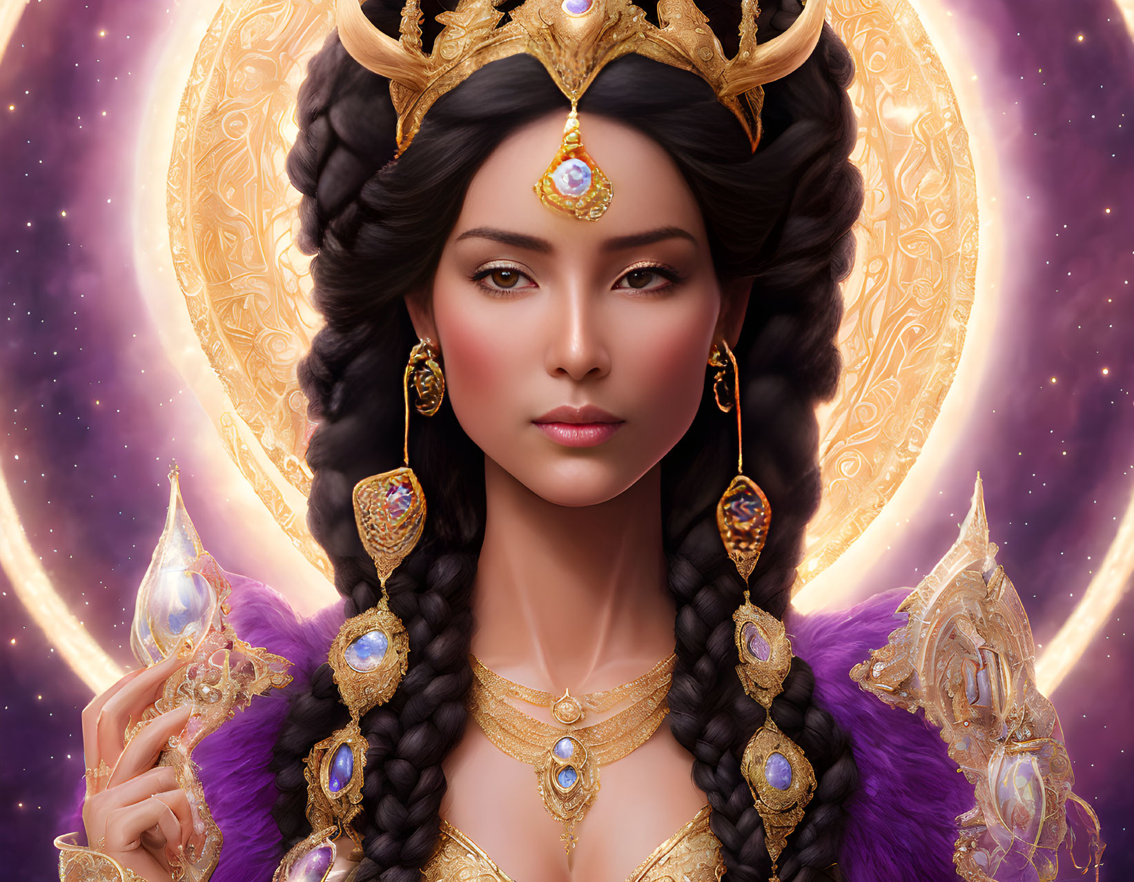 Regal woman with crown and ornate jewelry in cosmic setting.