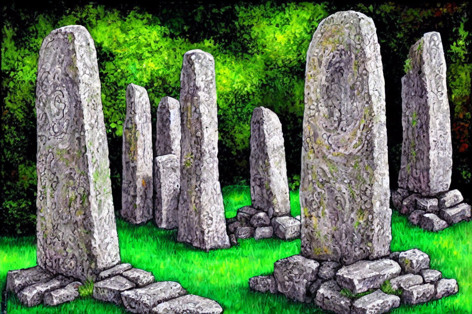 Stone circle with intricate carvings in lush greenery