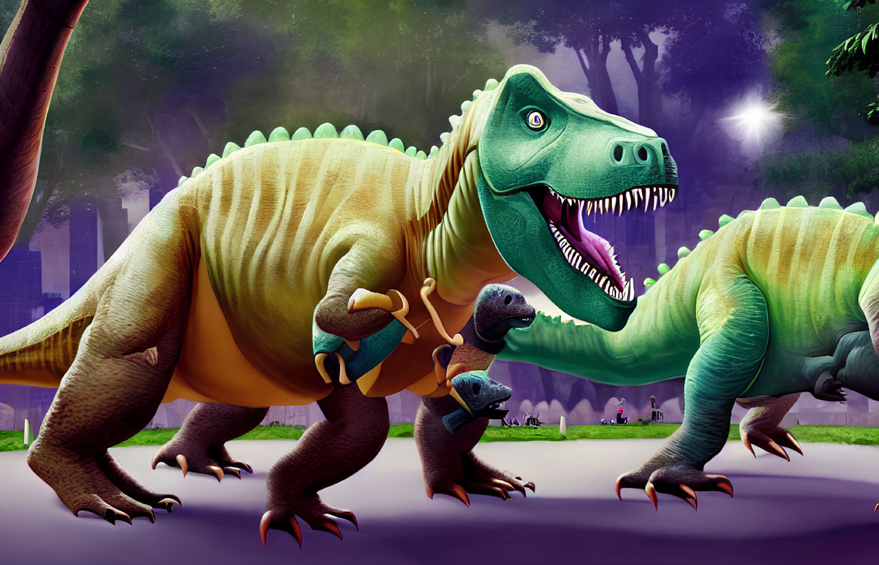 Vibrant prehistoric dinosaur illustration at dusk