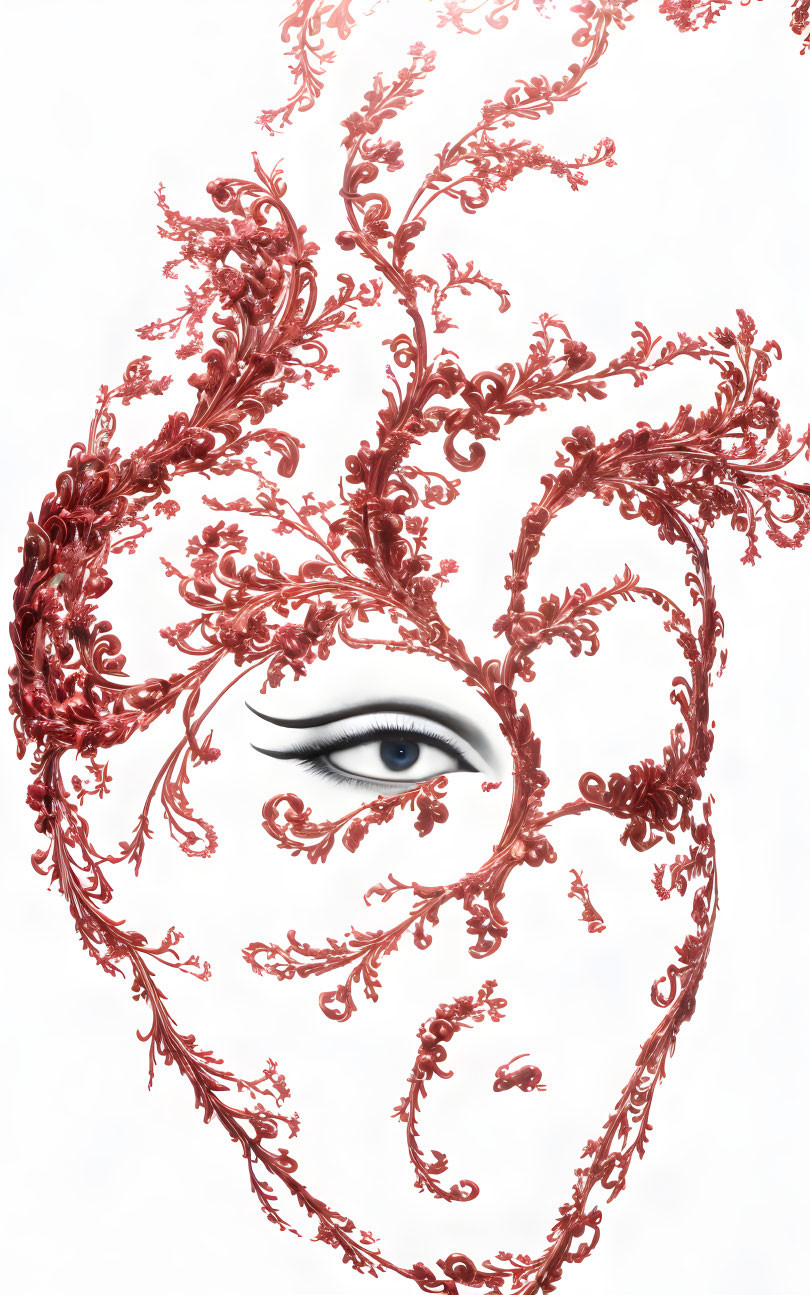 Eye with Red Filigree Pattern on White Background