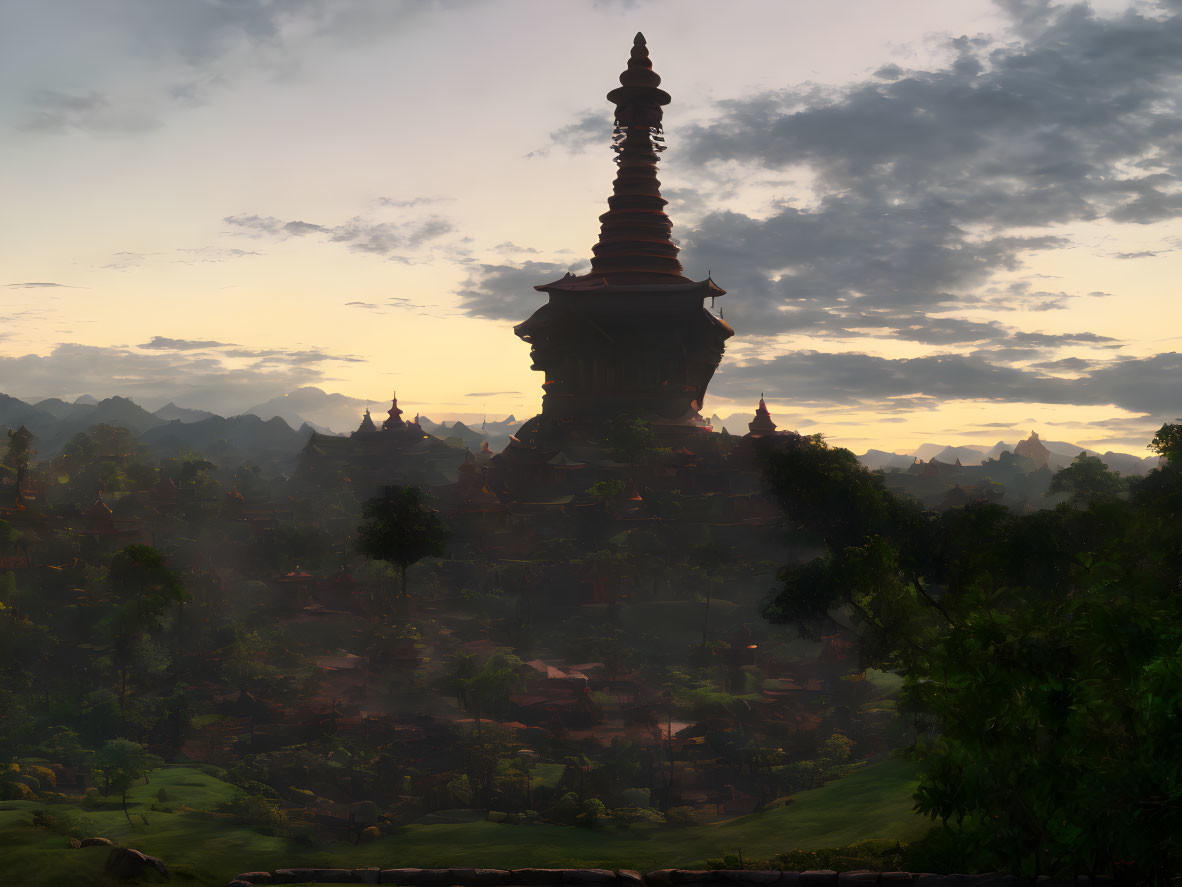 Pagoda Towering Over Forest at Sunrise with Misty Mountains