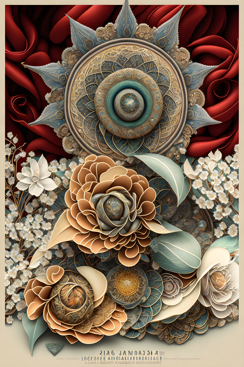Detailed Floral and Geometric Artwork in Earthy and Red Tones