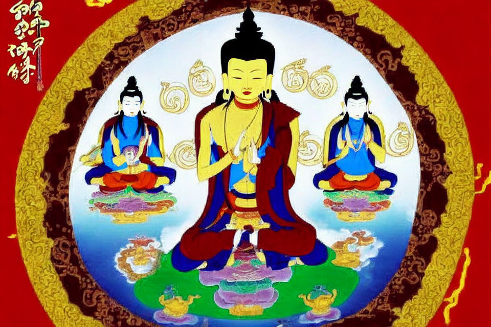 Vibrant Buddhist thangka with central golden-robed figure meditating