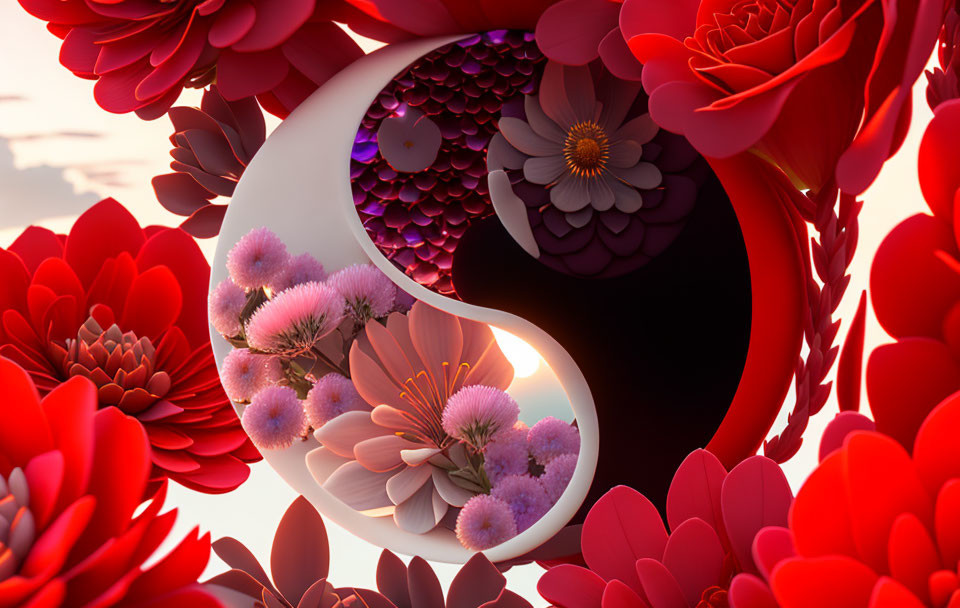 Colorful Abstract Yin Yang Symbol with Red and Purple Flowers
