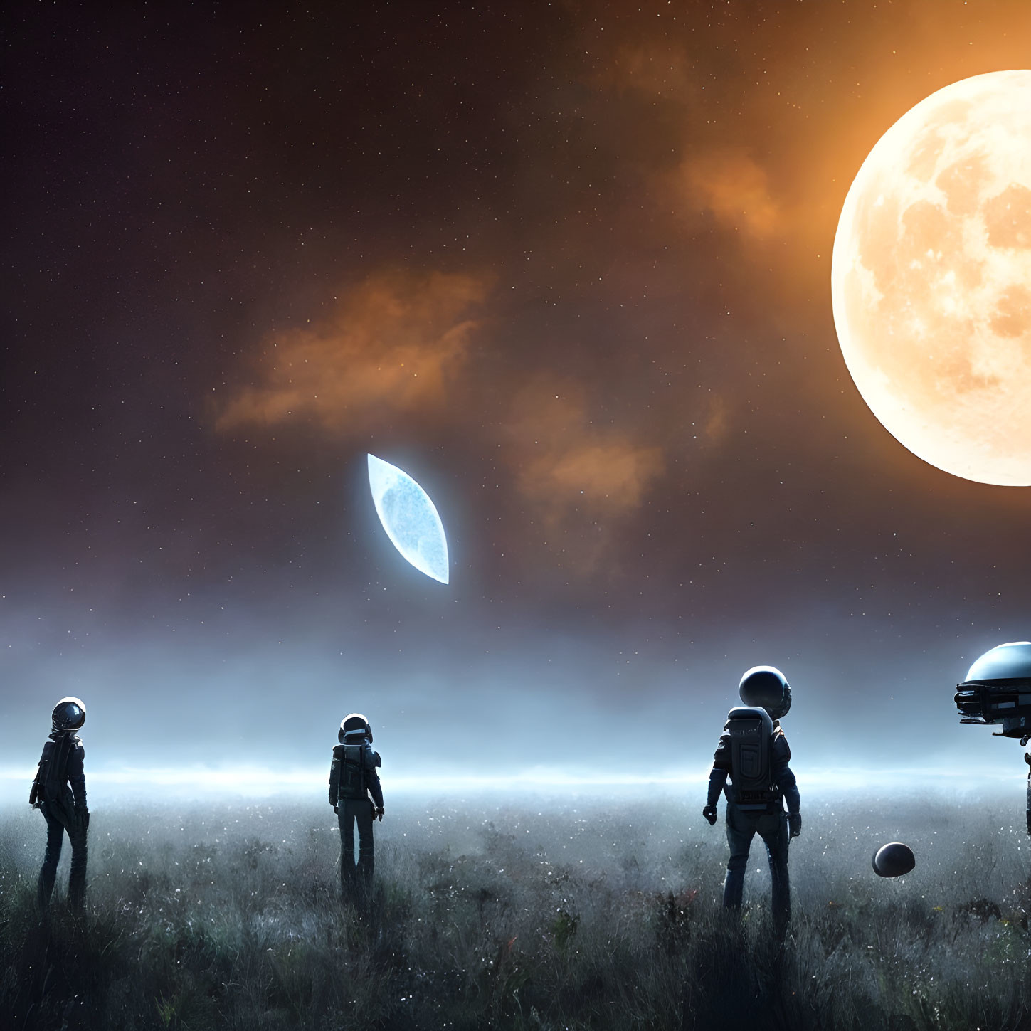 Three astronauts in surreal landscape with large moon and floating rock formation.