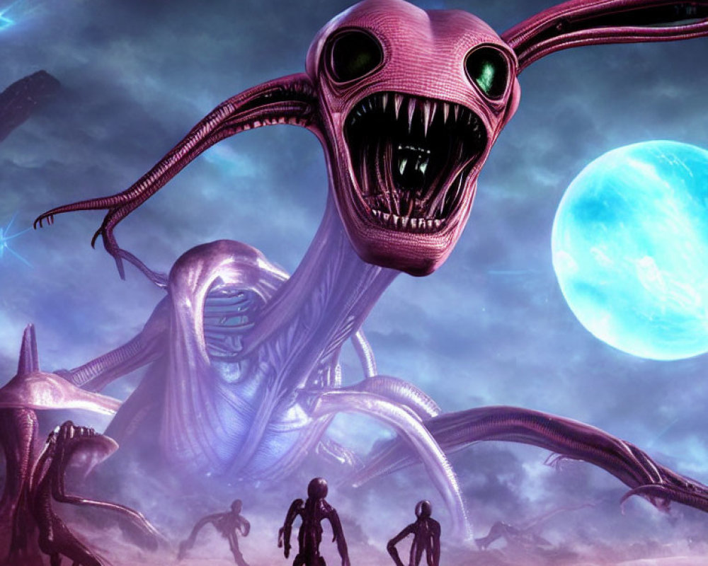 Sci-fi scene featuring alien creatures, tentacles, humanoid figures, purple sky, large moon