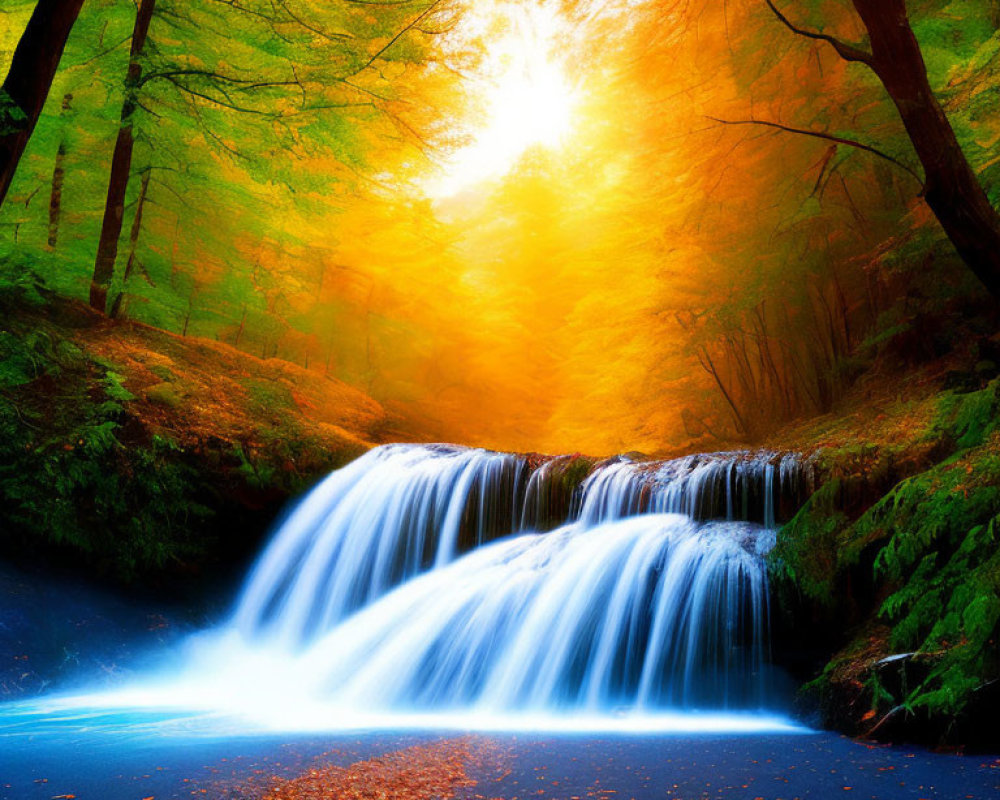 Serene waterfall with autumn leaves and radiant sun in lush forest