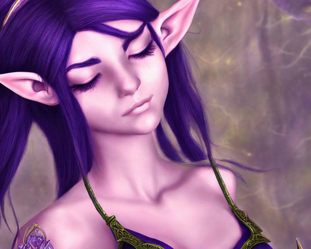 Serene fantasy character with purple hair and cosmic background