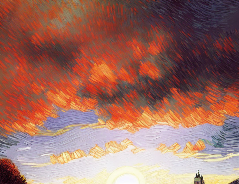 Vibrant digital painting: swirling orange and yellow skies with bright sun and small building silhouette