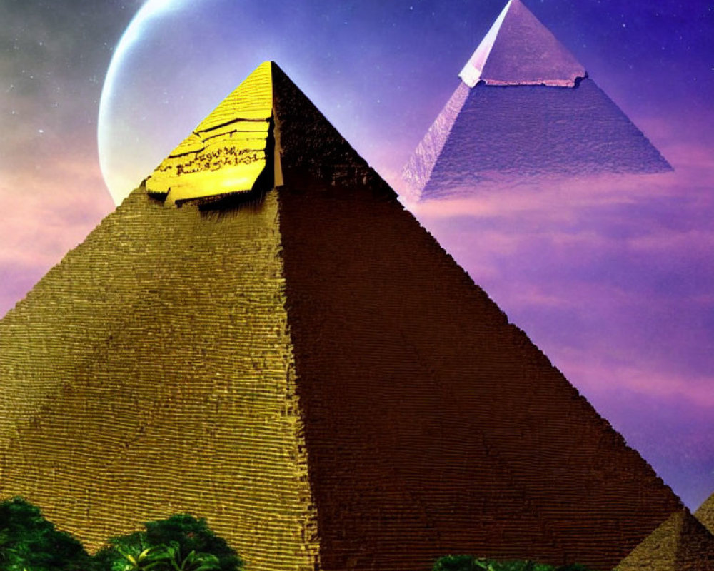 Surreal night scene with Egyptian pyramids under moonlit sky