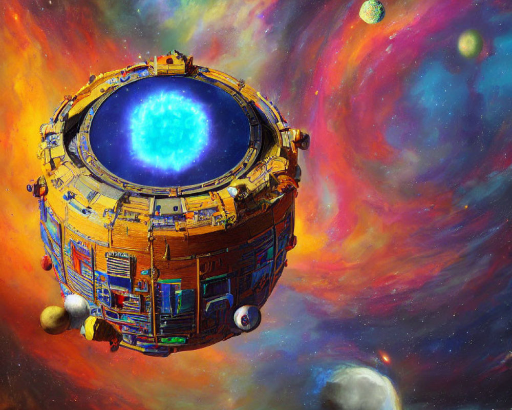 Colorful Nebula Surrounds Futuristic Space Station