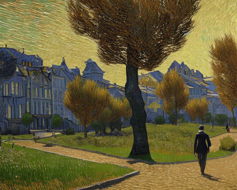 Vibrant Van Gogh-inspired painting of person walking among swirling sky and trees