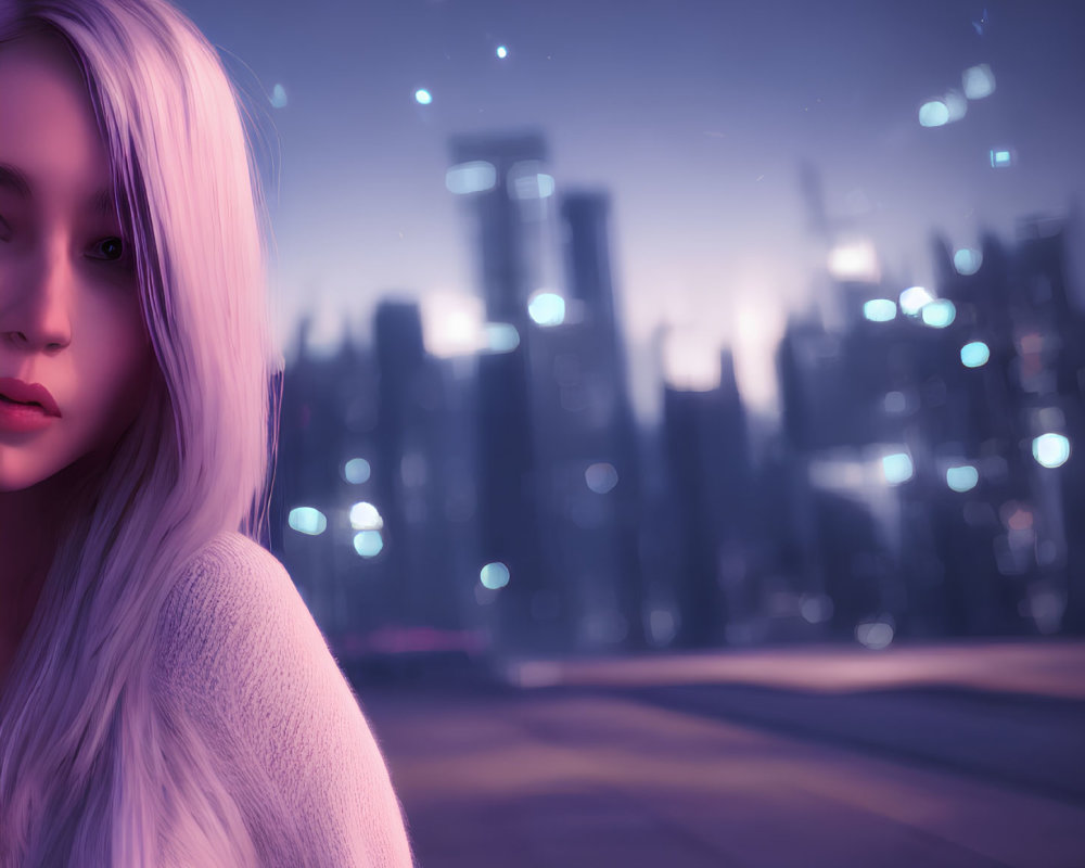 Blonde woman in focus against urban nightscape with blue lights