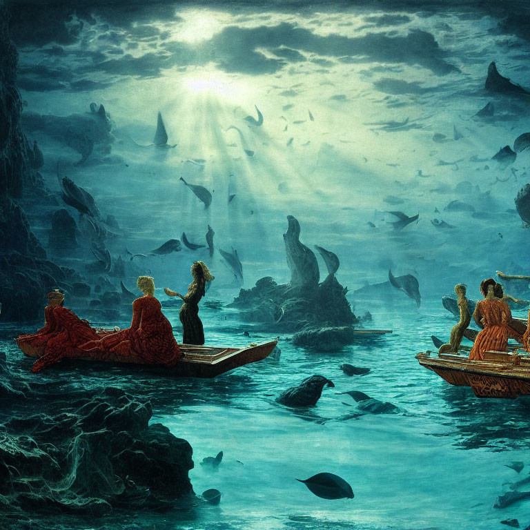 Underwater scene with boat, sea creatures, and sunbeams